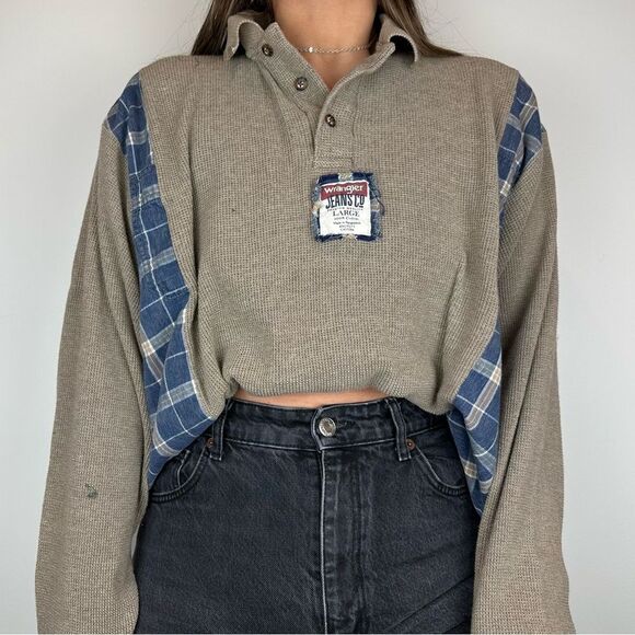 Wrangler Reworked Flannel Sweater Brown Relaxed Oversized Western Shirt Top - Picture 1 of 4